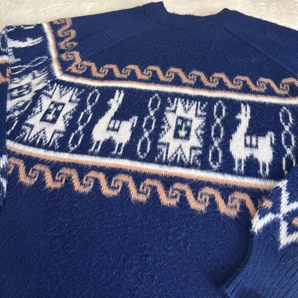 Inka-Maki Wool Hide Blend Llama alpaca Print Crewneck Sweater size Large Blue - Picture 3 of 7